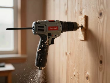 Drill in motion pressed against a timber wall stud, sawdust falling, warm daylight from a nearby window
