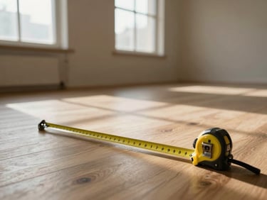 Empty room being measured, a tape measure stretched across bare floorboards, morning light through unshuttered windows