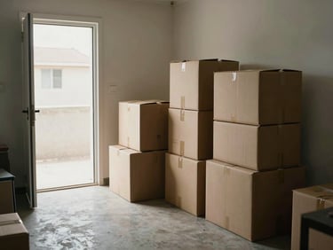 Wide view of a cluttered room being emptied, cardboard boxes stacked near an open door, natural daylight flooding in, concrete floor visible, documentary framing