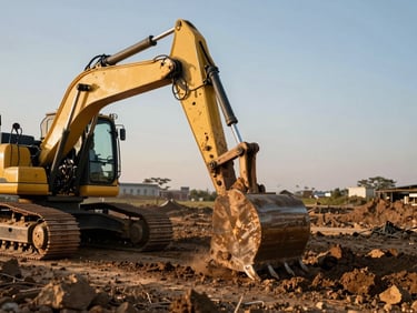 Mini-excavator bucket mid-dig in compacted earth, golden hour side-light casting long shadows, operator's gloved hand visible on the control lever, active work site
