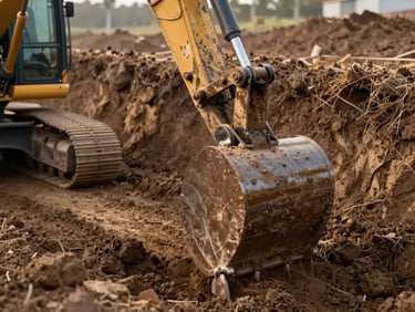 Mini excavator bucket mid-dig in clay earth, early morning light, raw trench walls visible, no people in frame