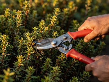 Close-up of hedge-trimmer blades cutting through dense overgrown shrubs, green debris mid-air, golden afternoon light from the side