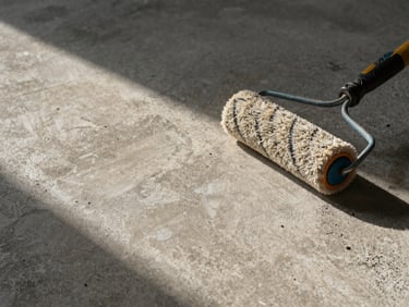 Overhead close-up of a freshly repainted concrete floor detail, roller brush resting at the edge, late afternoon light raking across the surface