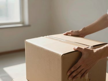Close-up of hands gripping a cardboard box in a bare emptied room, natural window light, dust motes visible in the air