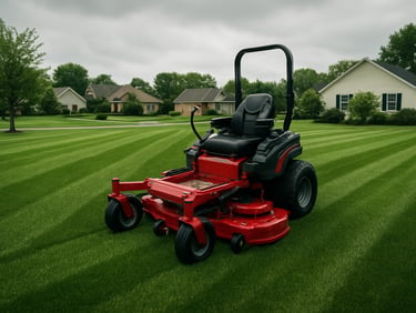 Commercial zero-turn mower cutting a clean stripe pattern on a suburban lawn, overcast daylight, wide environmental framing