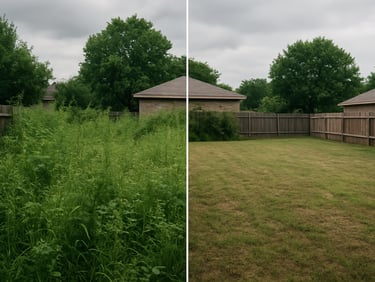 Before-and-after split of an overgrown suburban backyard—left half tangled waist-high growth, right half cleared and leveled, overcast daylight