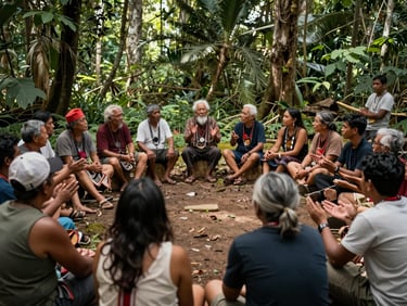 Wide shot of tribal elders and youth gathered in a forest clearing for a community meeting, overhead natural light filtering through canopy, hands gesturing in discussion, documentary realism