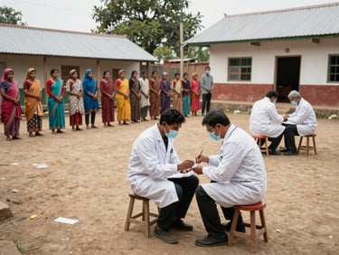 Health camp in a village courtyard, medical staff checking a patient while a small queue waits in the background, wide natural daylight, documentary framing showing community scale and real clinical activity