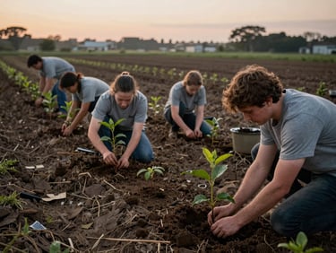 Community volunteers planting saplings along a degraded field boundary at dawn, wide overhead framing showing rows of planted area, soft early-morning light, hands in soil visible