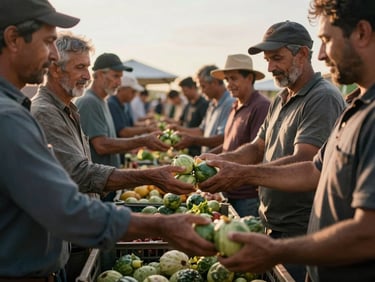 Farmers gathered around produce crates at a rural market, direct-sale transaction in progress, golden-hour side light, hands exchanging goods, documentary close-environmental framing