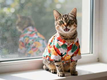 A happy tabby cat wearing a colorful miniature Hawaiian shirt sitting comfortably on a sunny window sill, bright natural daylight, eye-level portrait