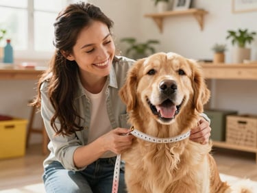 A cheerful woman smiling while measuring a happy Golden Retriever with a soft tape measure, warm sun-drenched home workshop, 35mm editorial photography