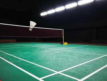 High-contrast indoor badminton court in Coimbatore, crisp white lines contrasting with the green floor, a shuttlecock frozen mid-air near the net, dramatic overhead lighting.
