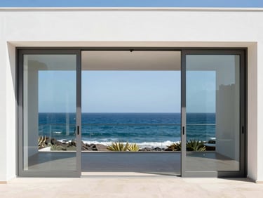 Crisp architectural photography of a modern oceanfront villa in Tenerife, featuring large minimalist sliding aluminum glass doors framing the Atlantic ocean, bright coastal daylight, sharp focus.