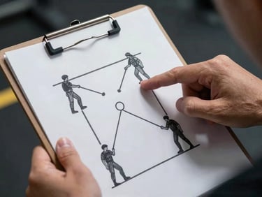 A close-up of tactical plays drawn on a coach clipboard, hands pointing to tactical lines under harsh overhead gym lighting.
