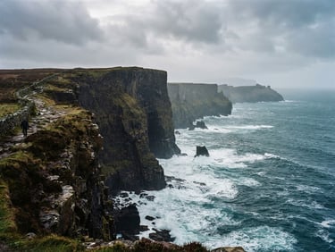 Wide panoramic landscape of Horn Head cliffs in Donegal under heavy overcast skies, deep teal Atlantic ocean crashing below, soft misty daylight, moody 35mm film grain style