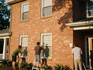 Volunteers actively painting a warm terracotta brick home facade in Georgia, natural golden-hour daylight, candid 35mm film style