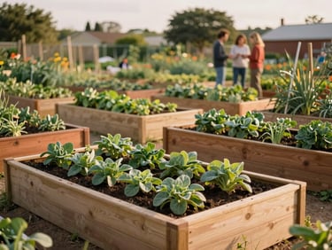 A vibrant community garden with raised wooden beds, green crops growing, and neighbors talking in the background under soft overcast daylight