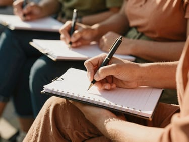 Candid close-up of hands taking notes during a homeownership education workshop, warm natural light.
