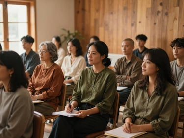 A diverse group of adults sitting in a warm, wood-accented community room for a financial planning workshop, soft natural daylight