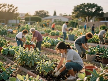 A vibrant community garden harvest with local neighbors working together, soft golden-hour sunlight.