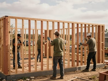 Local volunteers building and repairing homes, framing walls under warm overcast daylight, candid action shot.