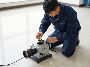 A professional technician wearing a clean navy uniform operating a high-precision geophone device on a polished tiled floor, focused technical execution, bright daylight.