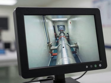 Close-up of a high-definition video inspection monitor showing clean interior of a pipeline, bright professional lighting, technical precision.