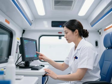 Professional paramedic monitoring a multipara display inside an ambulance, clean uniform, focused on screen, bright clinical lighting.