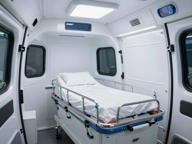 Specialized neonatal transport incubator secured inside an ambulance, clean and sterile environment, bright clinical lighting.