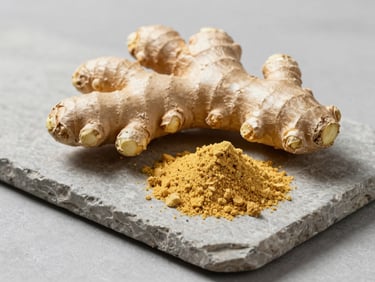 Elegant studio arrangement of raw ginger root next to clean, golden-yellow dehydrated ginger powder on a minimalist light grey stone slab, soft natural shadows.