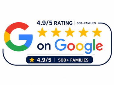 Google logo with a 4.9 out of 5 star rating from over 500 families displayed on a white background.