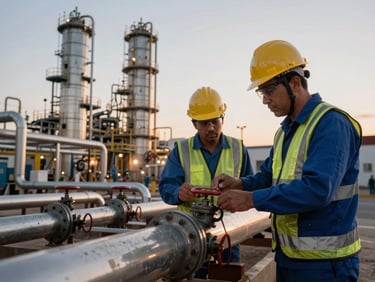 Engenheiro com vestimenta antichama e capacete inspecionando tubulações complexas de uma refinaria de petróleo ao entardecer, luz solar dramática refletindo nas superfícies metálicas.