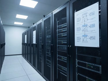 Wide-angle interior of a secure server infrastructure room, cool blue-white overhead lighting, rows of rack-mounted equipment receding into depth, compliance architecture diagrams pinned to a side wall, no people, clinical and precise