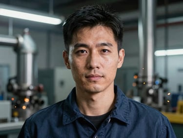 Close-up portrait of a confident industrial leader in a clean, modern workshop environment, sharp focus, dramatic lighting, 50mm lens.
