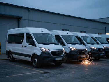 Branded mobile service fleet vehicle parked on an industrial site at dusk, dramatic shadows, cool blue tones, ready for deployment.
