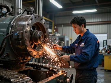 Certified field technician working on heavy machinery on-site, wearing branded uniform, dramatic industrial lighting, sparks in background, 50mm lens.