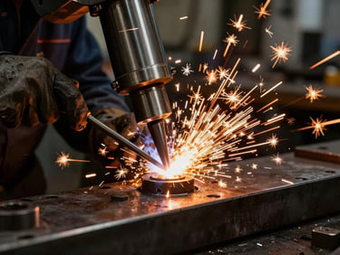 Dramatic shot of sparks flying from a precision welding operation on a heavy metal component, high-contrast workshop lighting, warm amber glow.