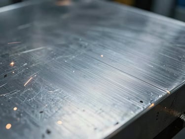 Close-up macro shot of a freshly machined metal surface, showing precise tool paths and a smooth finish, under cool industrial lighting with sharp details.