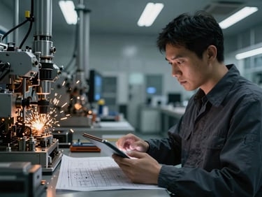 Engineer reviewing blueprints on a tablet in a clean-room assembly area, focused expression, cool shop lighting, sharp details, 50mm lens.
