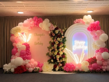 Bespoke pink birthday backdrop with balloons and flowers in Liverpool
