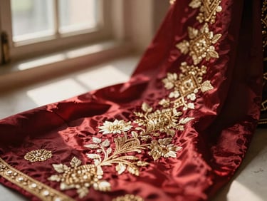Close-up of intricate gold embroidery on deep crimson hand-loomed silk, soft window light highlighting the rich textile texture, shallow depth of field.