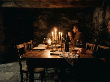 Moody low-key photography of a candle-lit wooden table in a stone basement, warm amber glow, soft shadows, 35mm film grain, wide shot