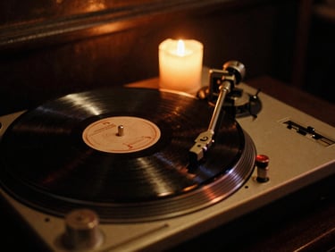 Low-angle shot of a vintage turntable spinning a vinyl record in a dark, candle-lit bar, warm incandescent glow on the brass tonearm, deep shadows, 35mm film grain