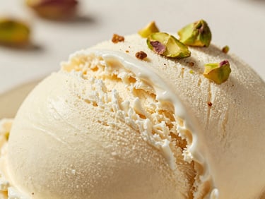 Macro shot of authentic stretching Maraş ice cream, rich creamy texture, warm afternoon side-light, shallow depth of field.