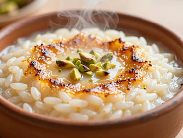 Close-up of caramelized top of baked rice pudding in a clay bowl, steam rising gently, warm side-light.