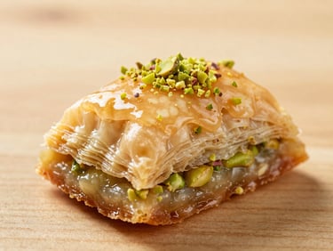 Macro close-up of a single piece of crispy pistachio baklava, glistening syrup, crushed pistachios on top, warm wooden table background