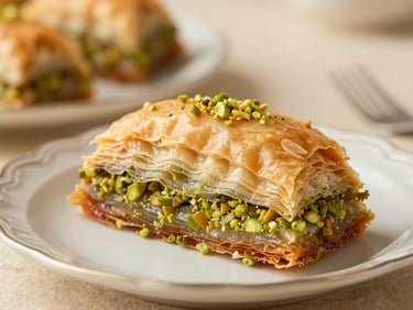 Side view of a large carrot-slice baklava piece on a vintage plate, flaky layers clearly visible, warm lighting