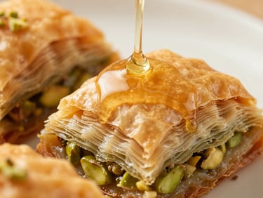 Macro shot of glistening syrup being poured over crispy golden baklava layers, warm side-light, shallow depth of field.