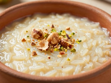 Close-up of a traditional baked rice pudding in a clay bowl, golden-brown crust, garnished with finely ground hazelnuts on top, shallow depth of field.